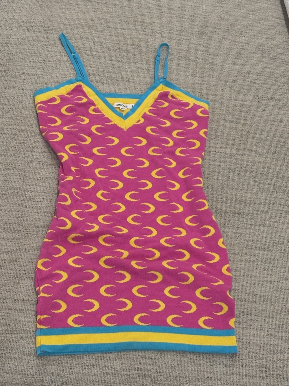 Moon Knit Slip Dress in Pink & Yellow with Blue Trim